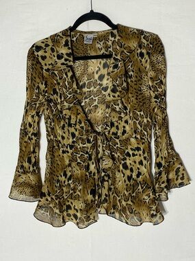 Vintage 90s Y2K Sash Leopard Print Sheer Ruffle Open Tie Front Blouse M Mob Wife
